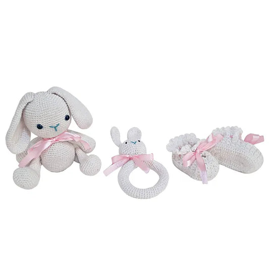 Pikkaboo Snuggle & Play Soft Crocheted Bunny set - White & Pink - Laadlee