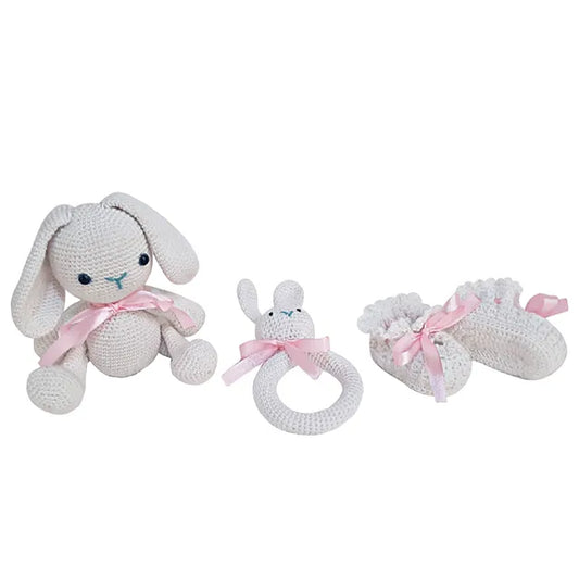 Pikkaboo Snuggle & Play Soft Crocheted Bunny set - White & Pink - Laadlee
