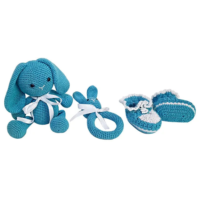Pikkaboo Snuggle & Play Soft Crocheted Bunny set - Blue & White - Laadlee