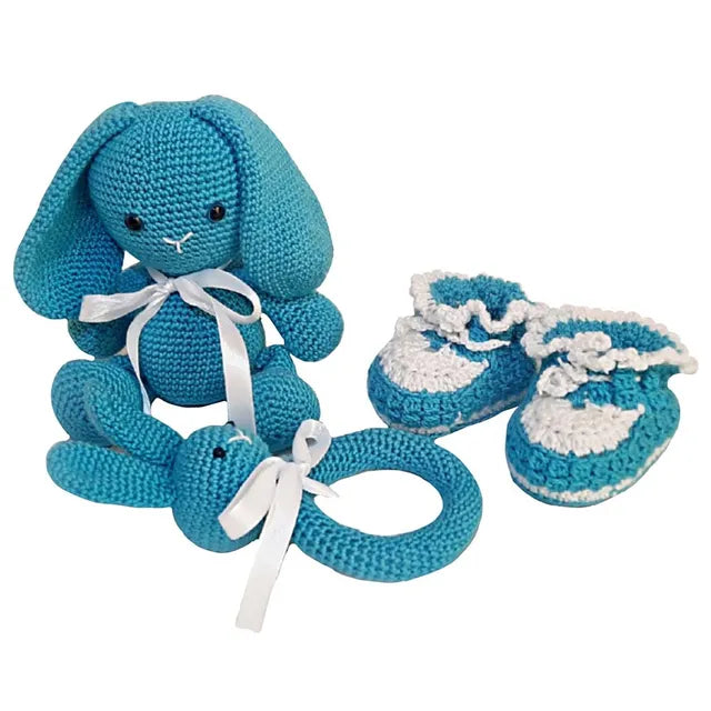 Pikkaboo Snuggle & Play Soft Crocheted Bunny set - Blue & White - Laadlee
