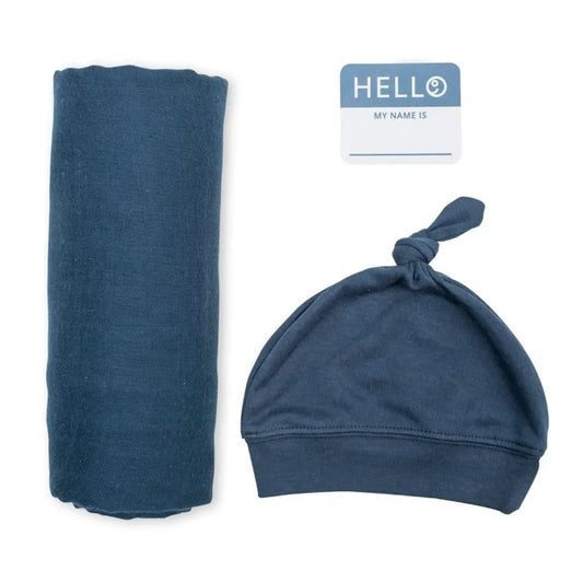 Lulujo Hello World Set (Bamboo Hat + Swaddle blanket) - Navy - Laadlee