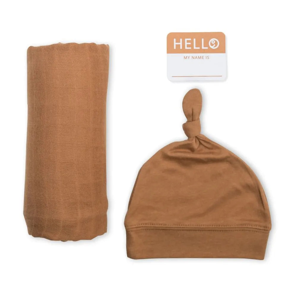 Lulujo Hello World Set (Bamboo Hat + Swaddle blanket) - Tan - Laadlee