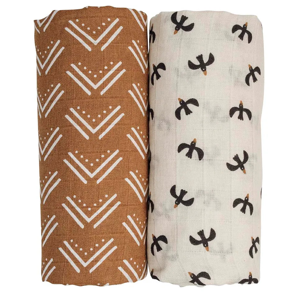 Lulujo 2-pack Cotton Swaddles - Mudcloth / Black Birds - Laadlee