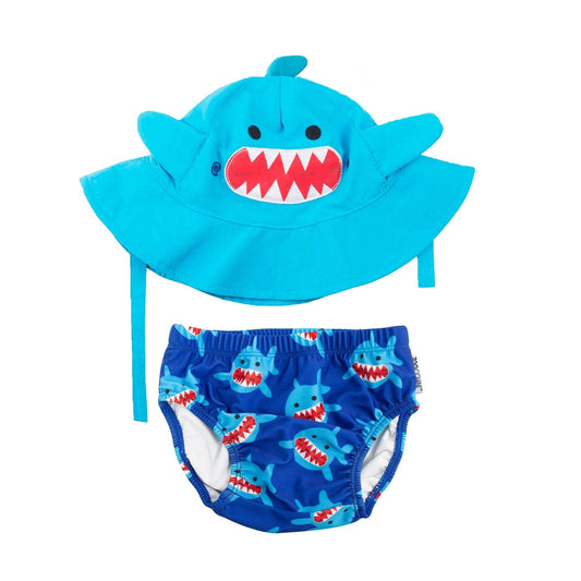 Zoocchini Reusable Baby Swim Diaper & Sun Hat Set - Blue Shark - Laadlee