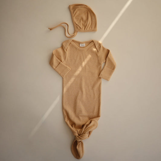 Mushie Ribbed Baby Bonnet Mustard Melange - Laadlee