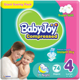 BabyJoy Compressed Diamond Pad Diaper, Giant Pack Large Size 4, 10 - 18Kg - 74Pcs