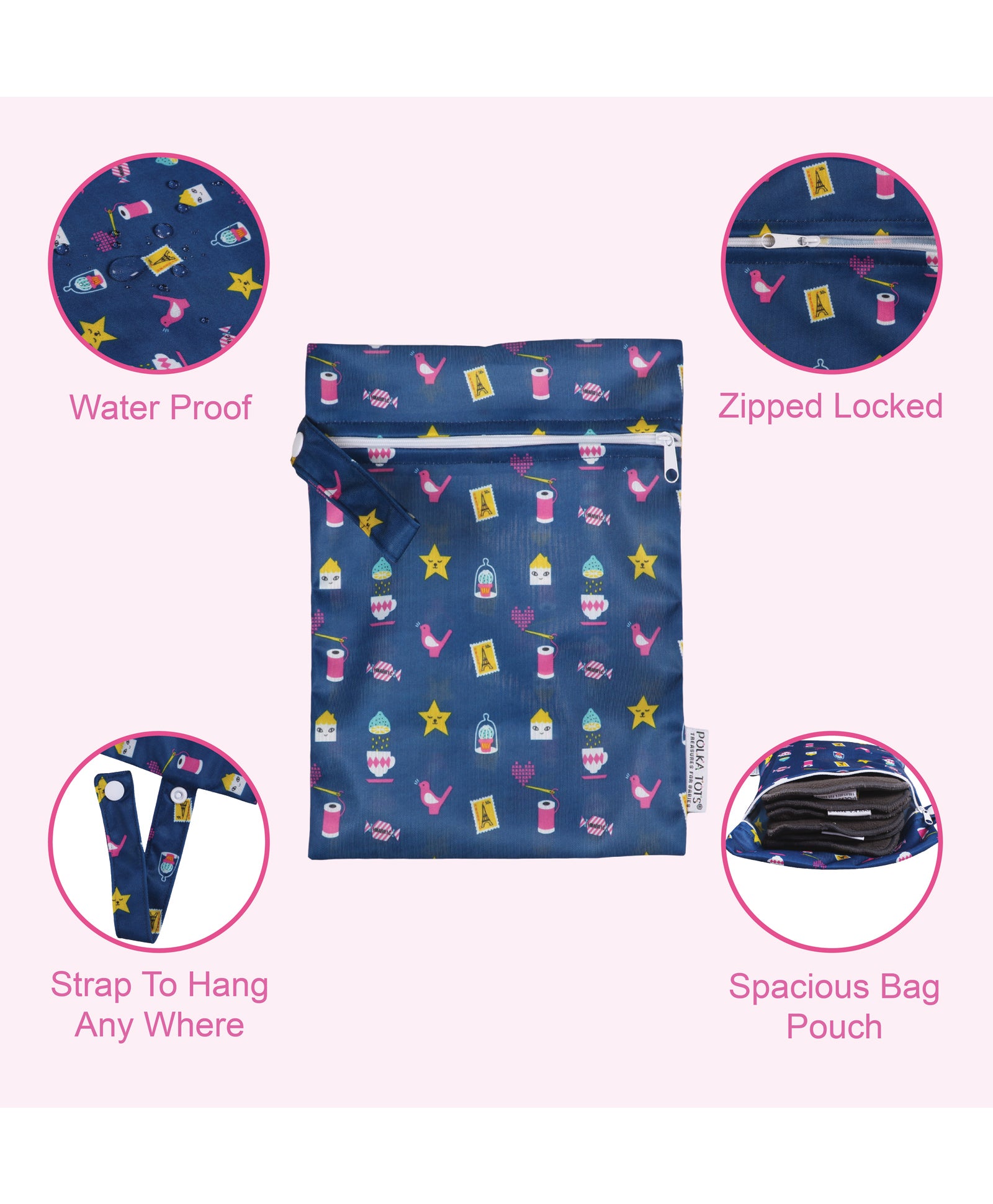 Polka Tots Waterproof Wet Bag Pouch with Zipper - Mix - Laadlee