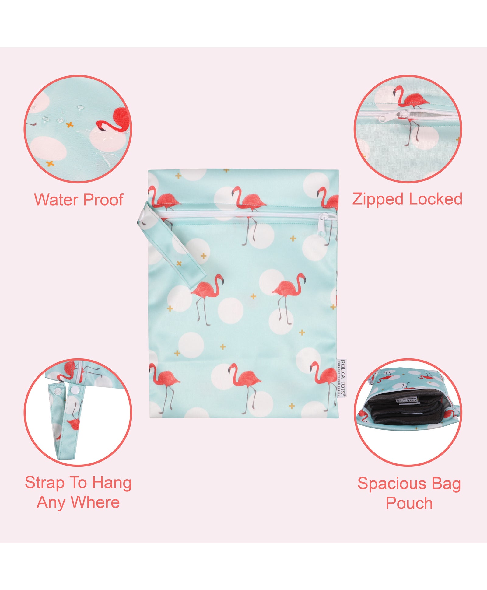 Polka Tots Waterproof Wet Bag Pouch with Zipper - Flamingo - Laadlee