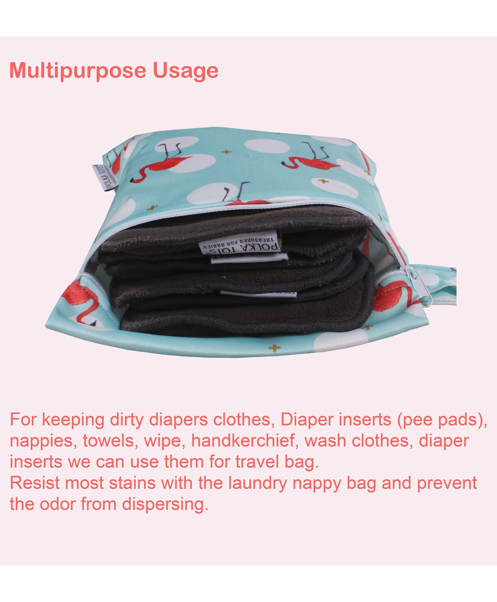 Polka Tots Waterproof Wet Bag Pouch with Zipper - Flamingo - Laadlee