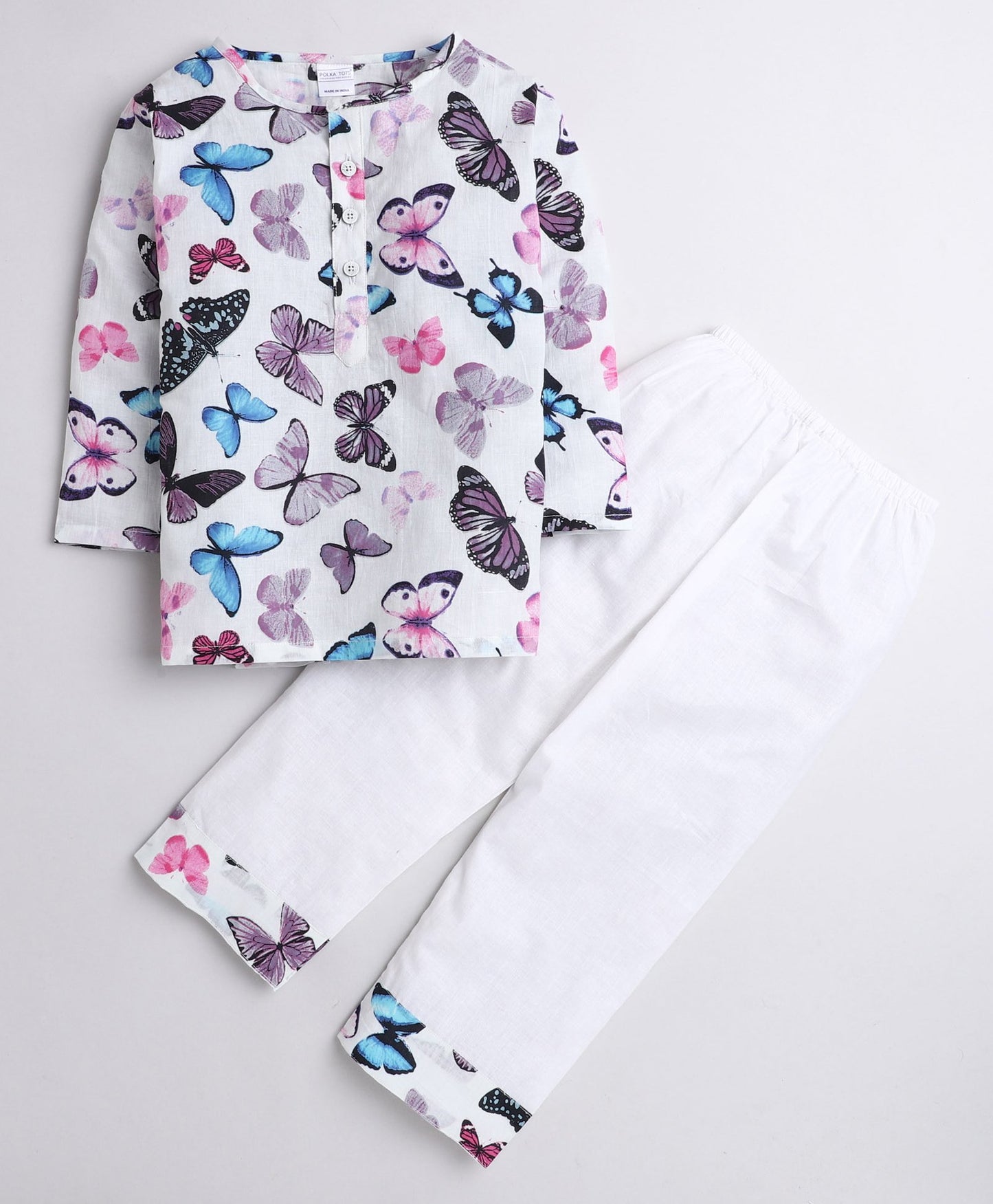 Polka Tots Full Sleeves Baby Night Wear Butterfly Kurta Pyjama - White