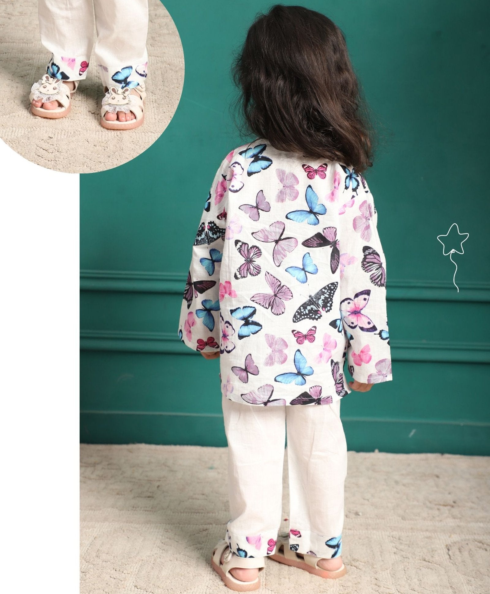 Polka Tots Full Sleeves Baby Night Wear Butterfly Kurta Pyjama - White - Laadlee