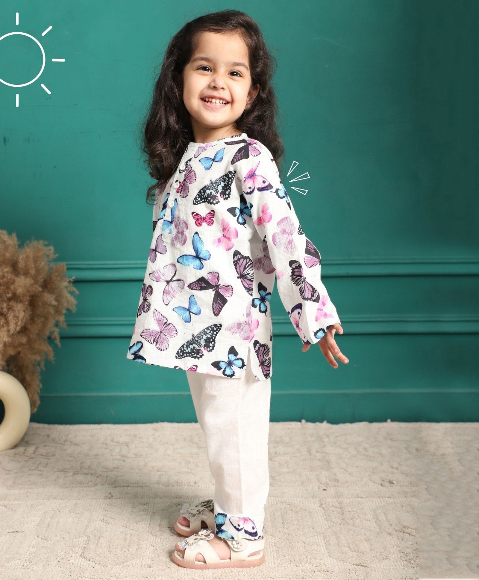 Polka Tots Full Sleeves Night Wear Butterfly Kurta Pyjama - White - Laadlee