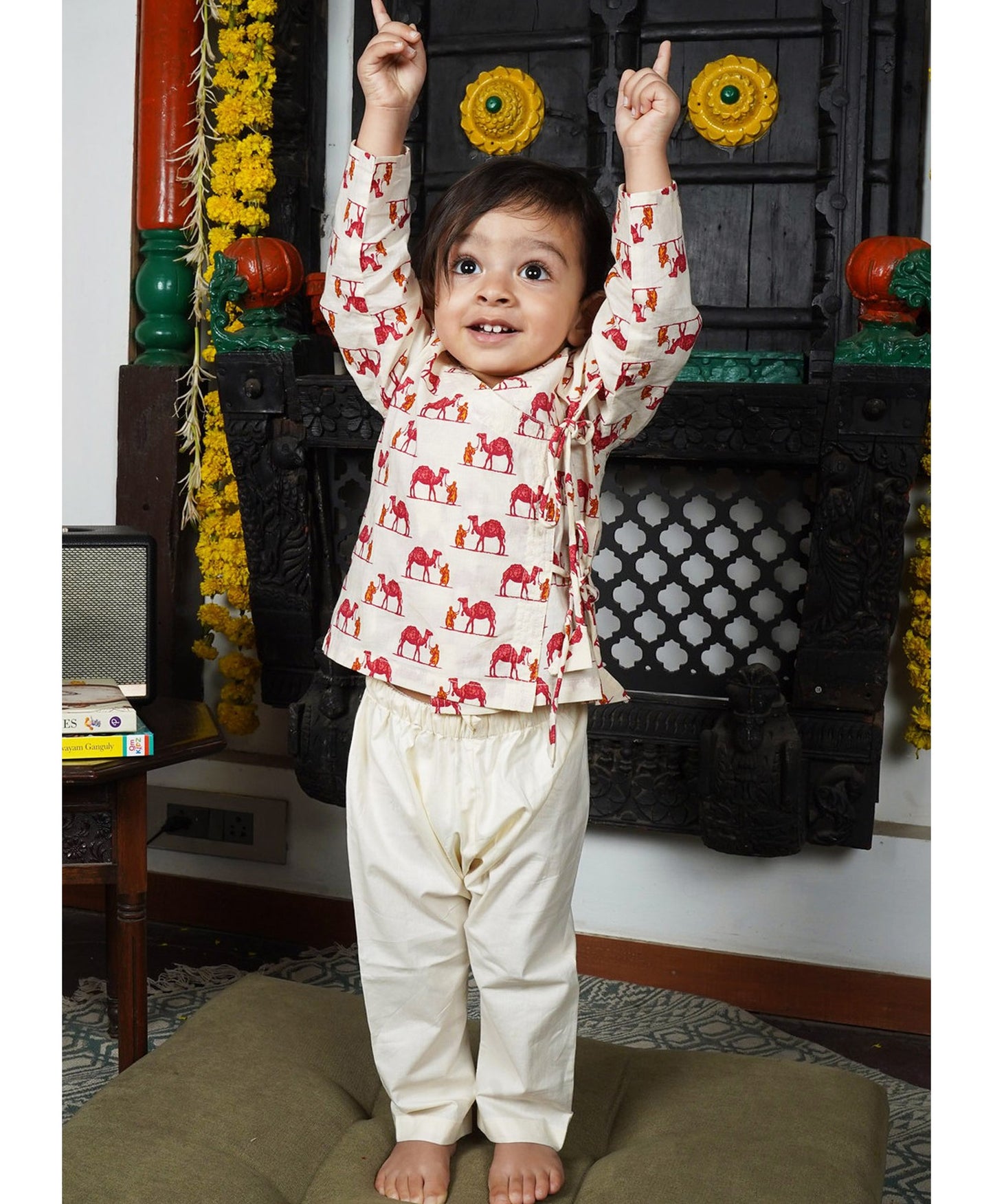 Polka Tots Full Sleeves Camel Embroidery Baby Angrakha Top With Dhoti - cream