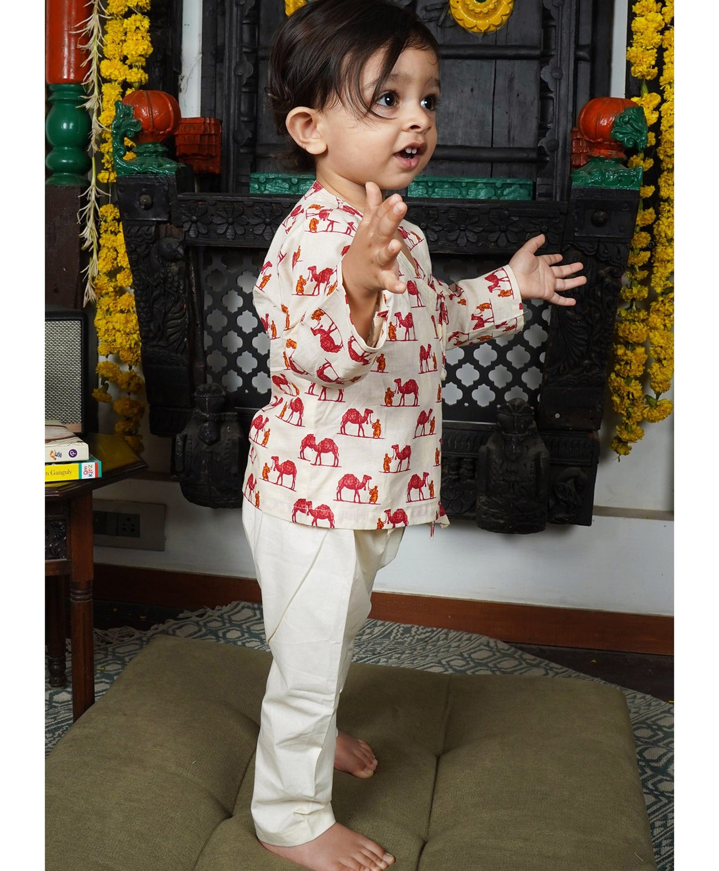 Polka Tots Full Sleeves Camel Embroidery Angrakha Top With Dhoti - cream