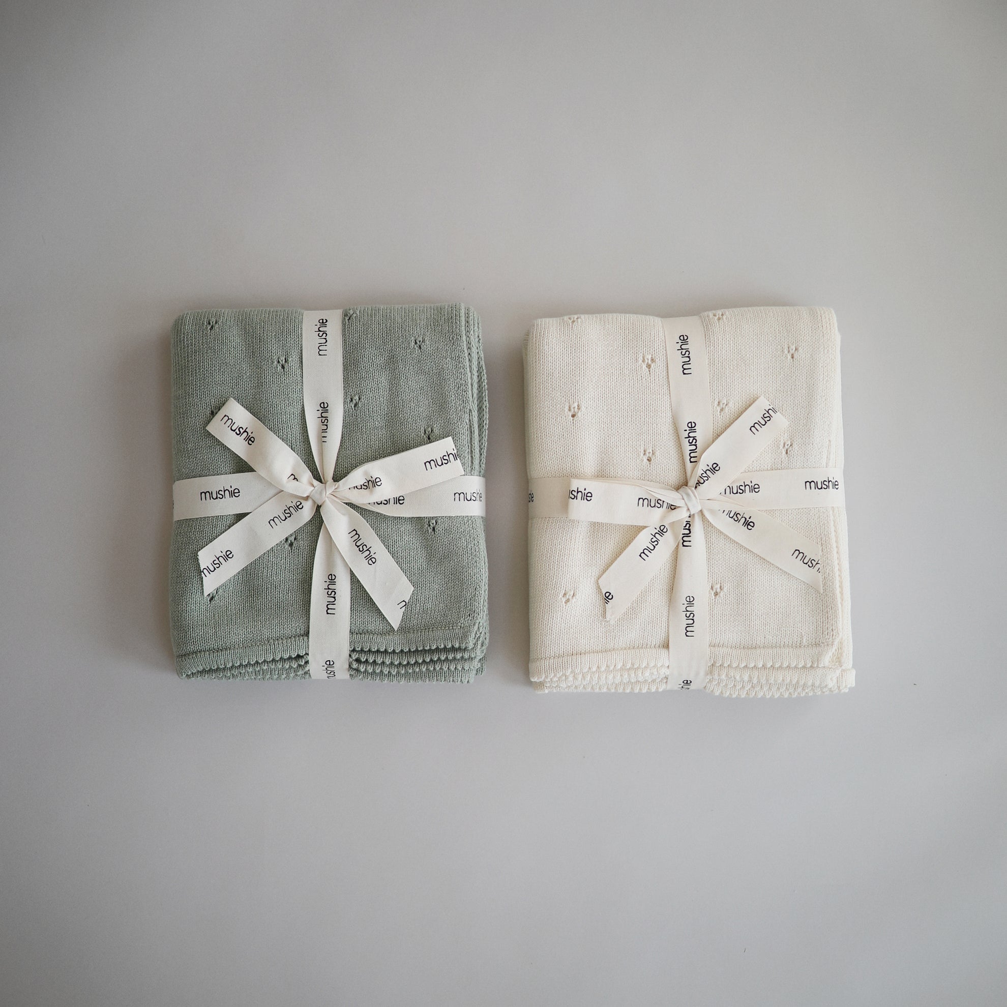 Mushie Knitted Baby Blanket Pointelle Sage Melange - Laadlee
