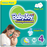 BabyJoy Compressed Diamond Pad Diaper, Value Pack Large Size 4, 10 - 18 Kg - 32Pcs
