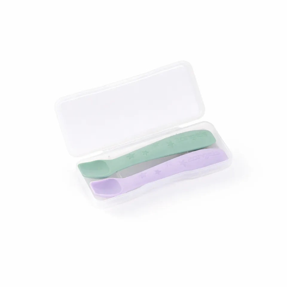 2angels-silicone-baby-spoons-2pcs-with-travel-case-starry-summer-leaf-purple-1