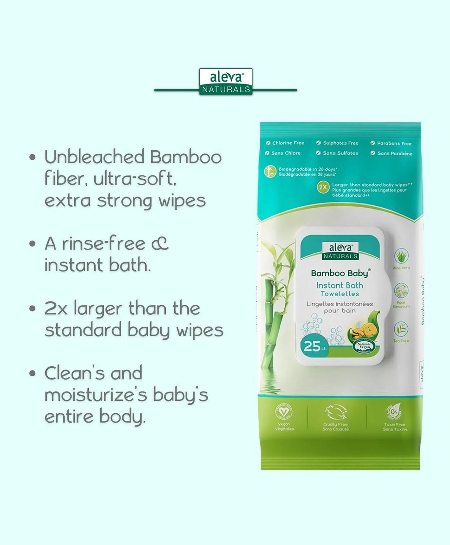 Aleva Naturals Bamboo Baby Instant Bath Towelettes - 25ct