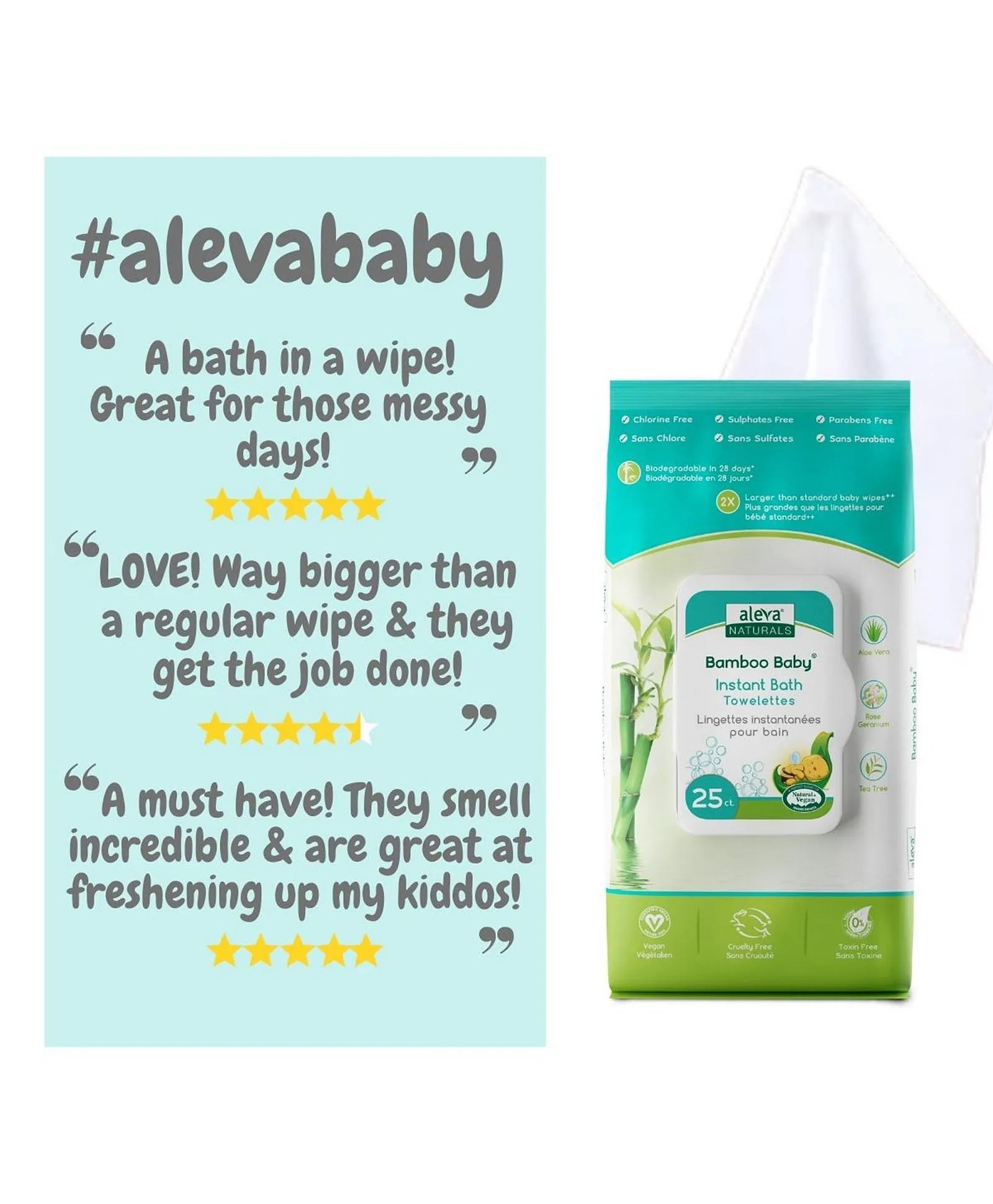 Aleva Naturals Bamboo Baby Instant Bath Towelettes - 25ct - Laadlee