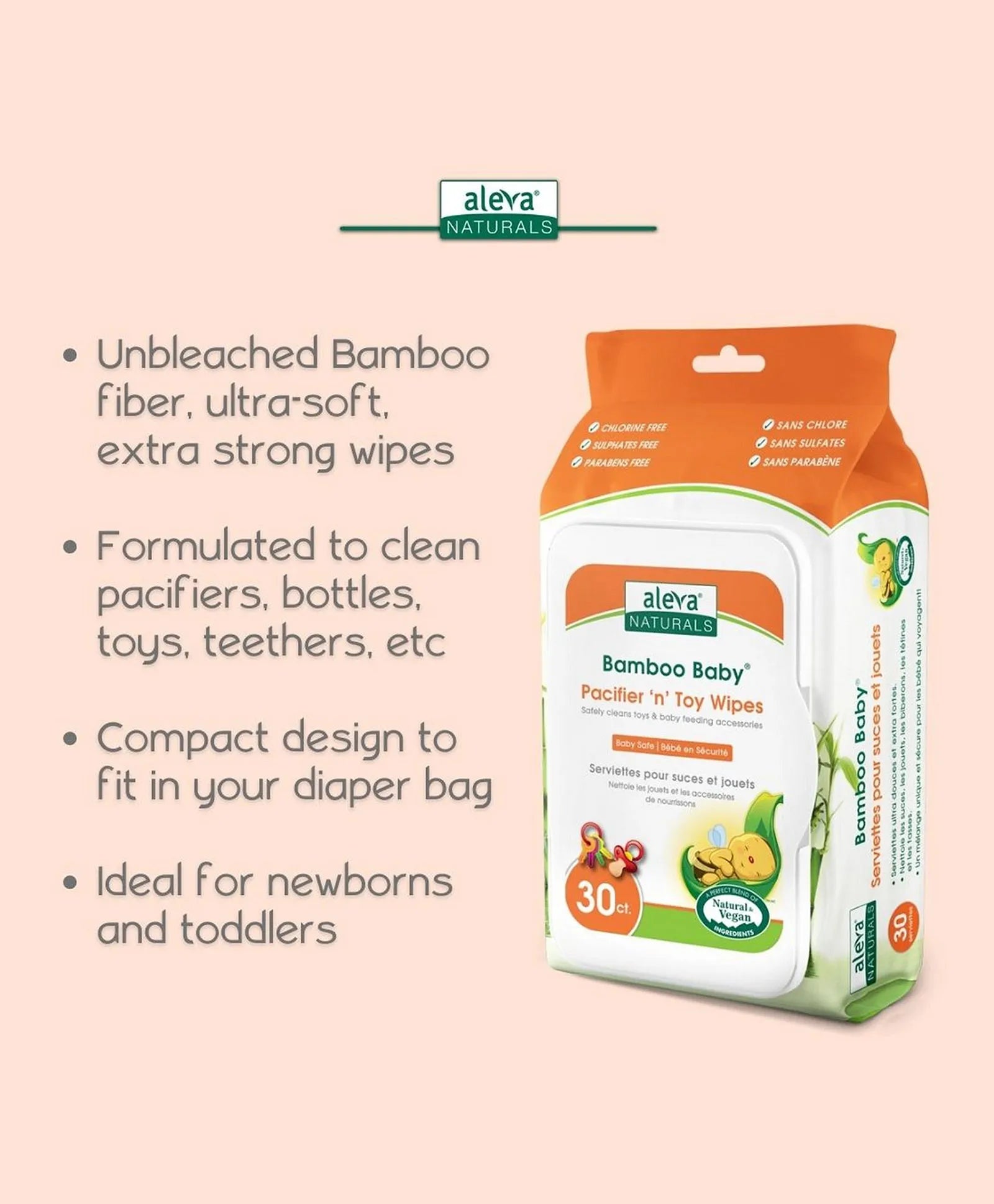 Aleva Naturals Bamboo Baby Specialty Pacifier 'N' Toy Wipes - 30ct - Laadlee