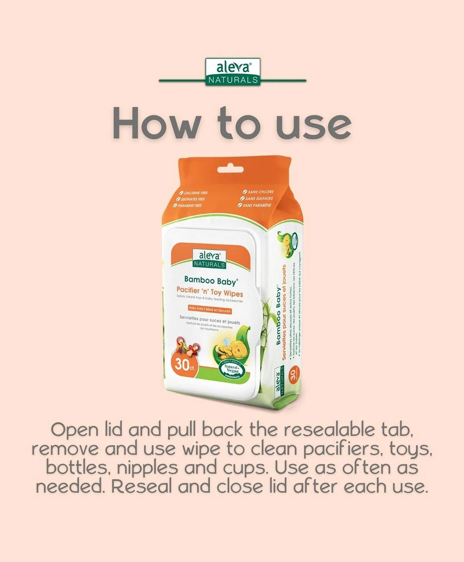Aleva Naturals Bamboo Baby Specialty Pacifier 'N' Toy Wipes - 30ct - Laadlee