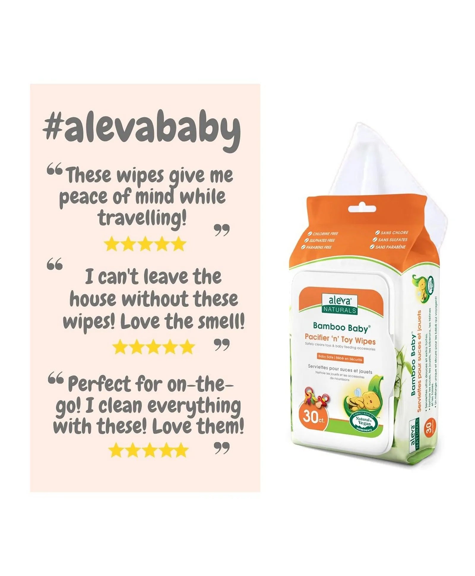 Aleva Naturals Bamboo Baby Specialty Pacifier 'N' Toy Wipes - 30ct - Laadlee
