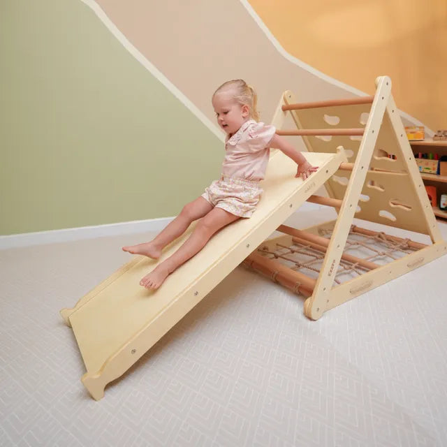 Ezzro - Triple Climbing Triangle Pikler With Rock Ramp And Slide - Natural