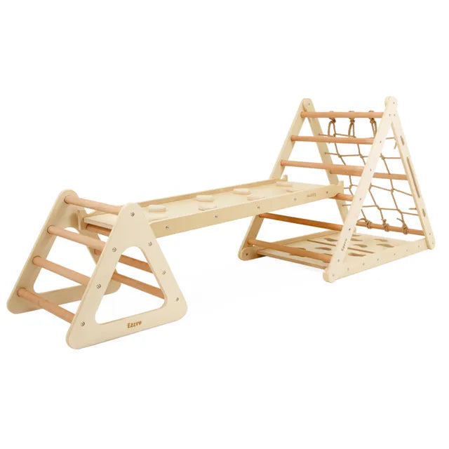 Ezzro - Pikler Triple Slide Triangle With Toddler Climb Pikler - Natural