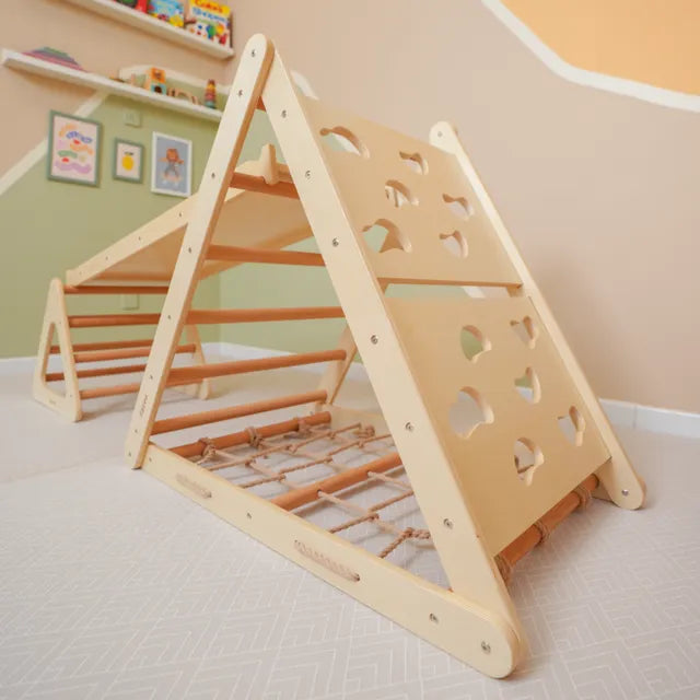 Ezzro - Pikler Triple Slide Triangle With Toddler Climb Pikler - Natural