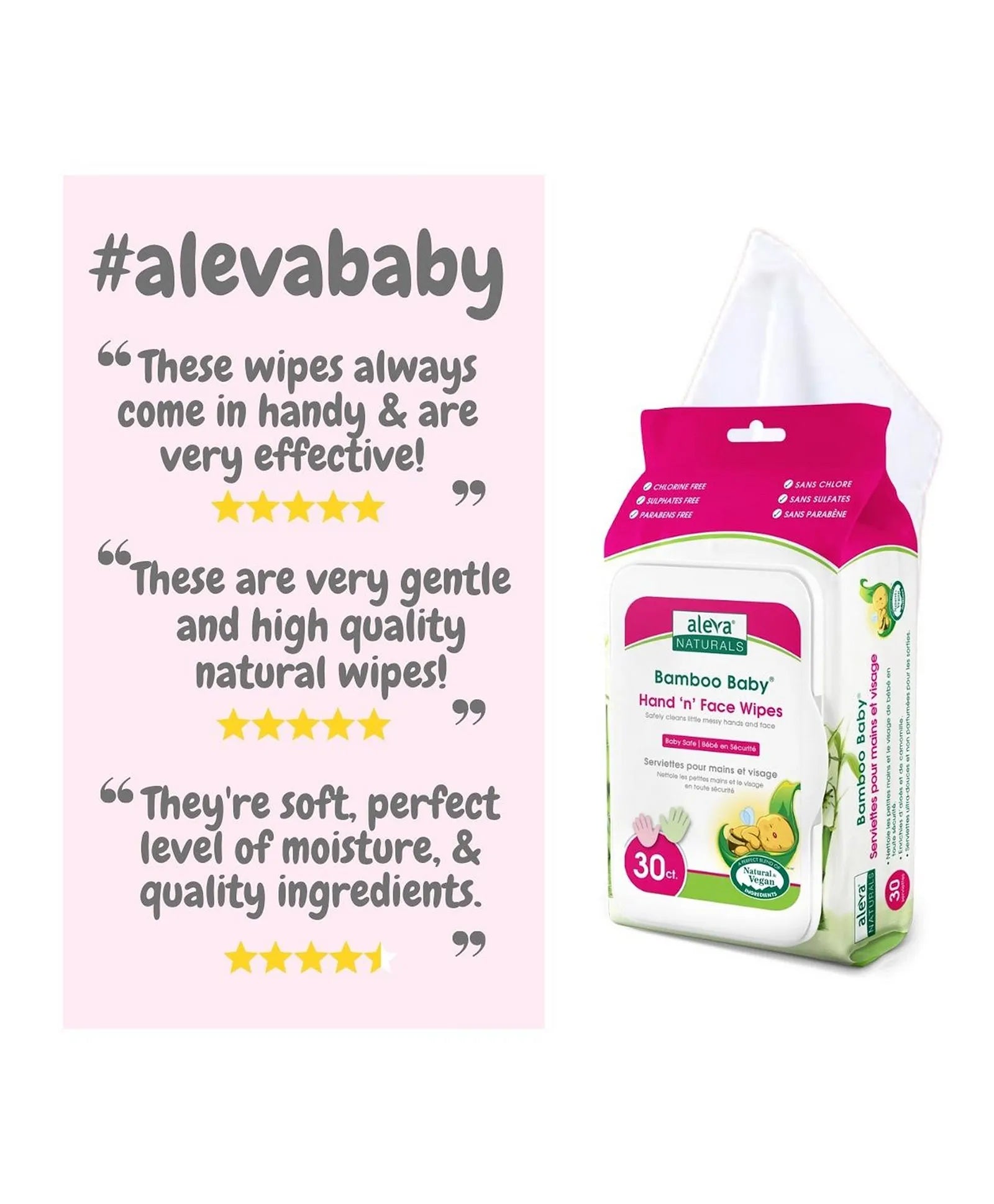 Aleva Naturals Bamboo Baby Specialty Hand 'N' Face Wipes - 30ct - Laadlee
