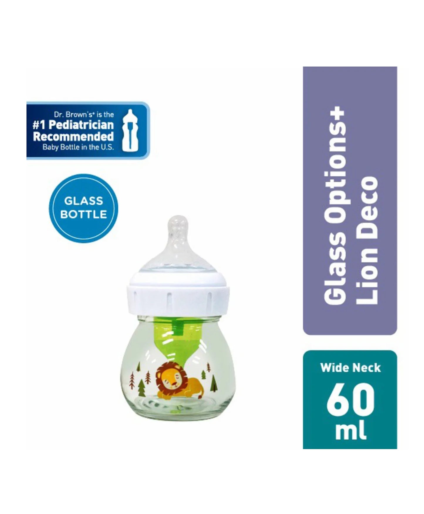Dr. Brown's Glass Wide Neck Options+ Bottle with Lion Deco with Preemie Nipple 60ml