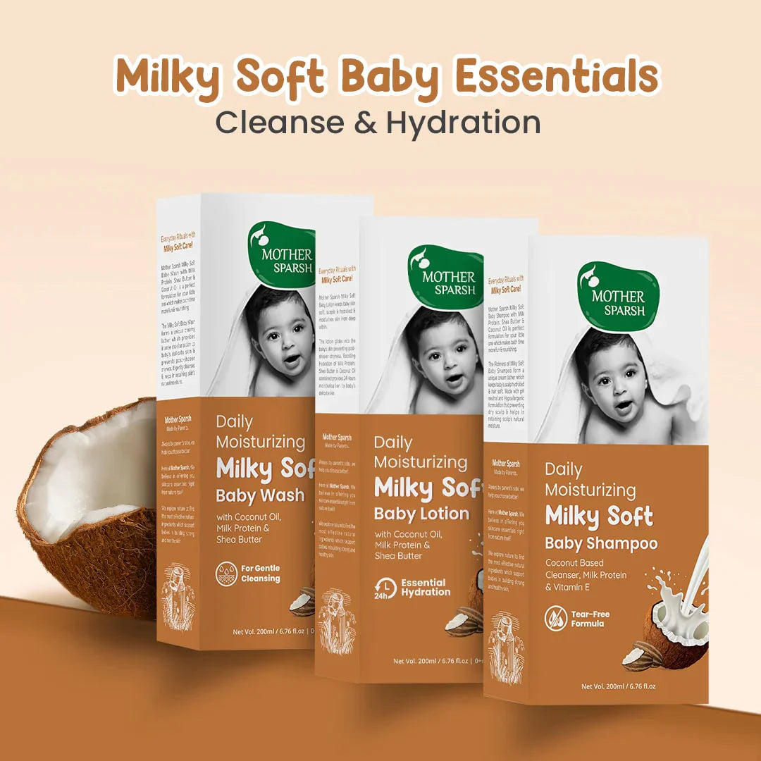 Mother Sparsh Milky Soft Baby Wash, Shampoo & Lotion 200ml - Pack of 3