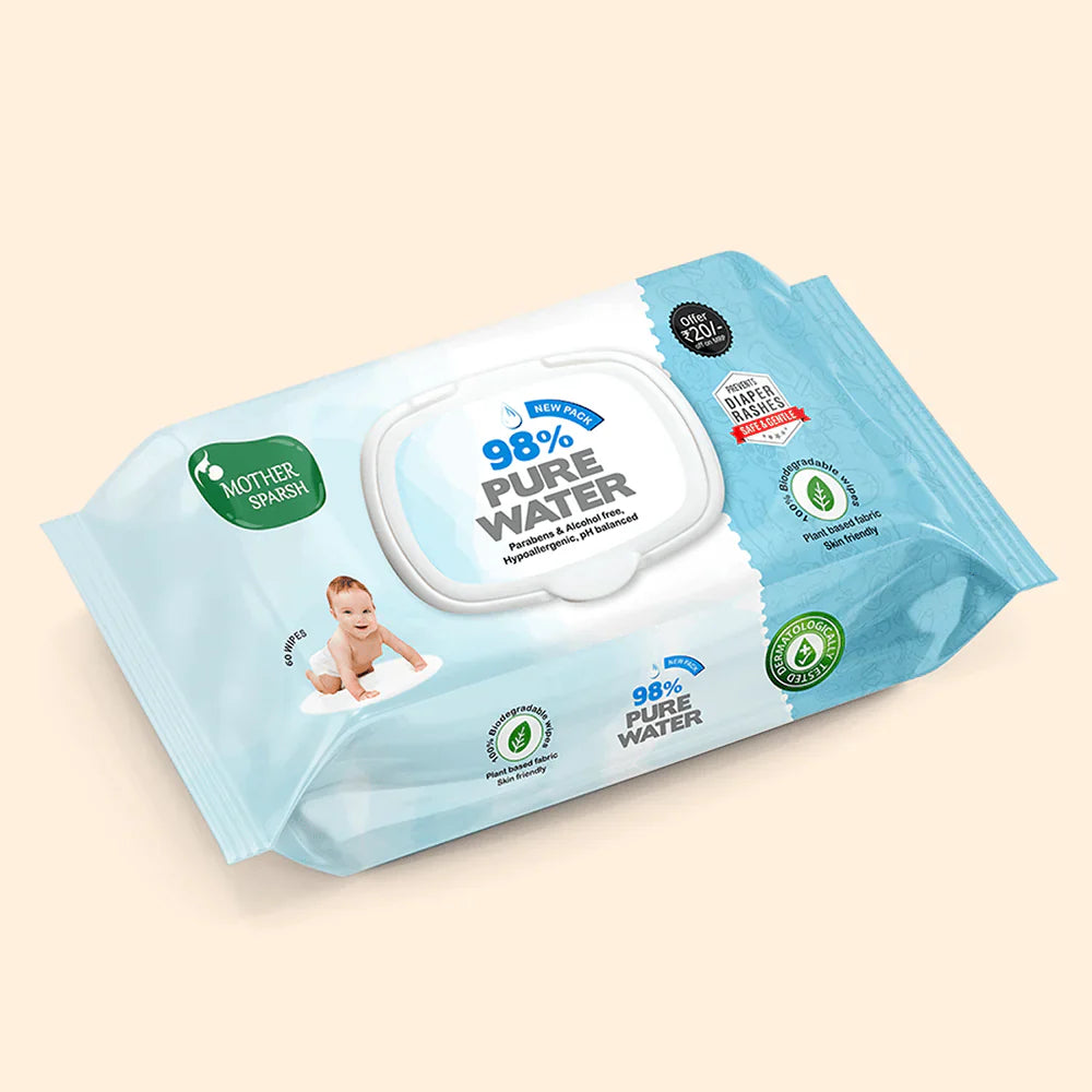Mother Sparsh 98% Pure Water Baby Wipes - 60pcs (Pack of 2) - Laadlee