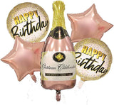 Brain Giggles Rose Gold Star, Round & Bottle Happy Birthday Foil Balloon Set - 5 Pcs