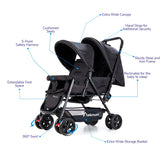 Teknum Double Baby Stroller With Hooks - Black