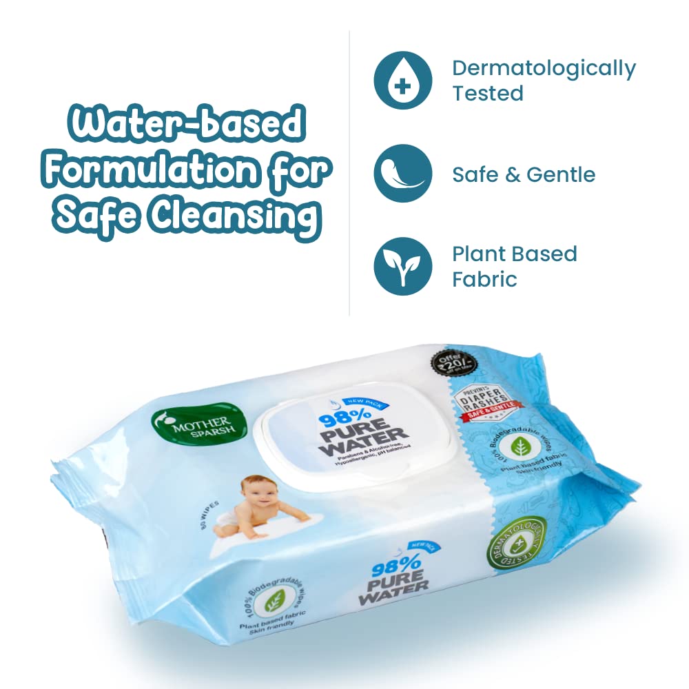 Mother Sparsh 98% Pure Water Baby Wipes - 80pcs (Pack of 3)