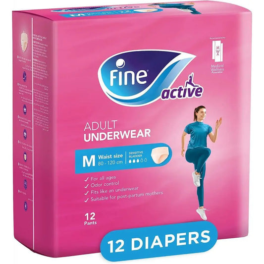 Fine Active Adult Postpartum Underwear for Sensitive Bladder - Medium | Waist 80-120cm | 12 pcs - Laadlee