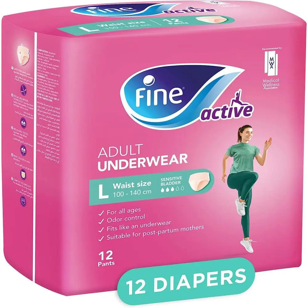 Fine Active Adult Postpartum Underwear for Sensitive Bladder - Large | Waist 100-140cm | 12pcs - Laadlee