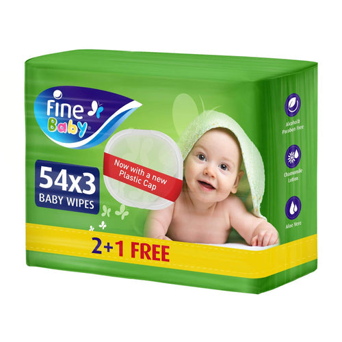 Fine Baby Wet Wipes With Aleo Vera & Chamomile Lotion - 162pcs (2 + 1 Free)