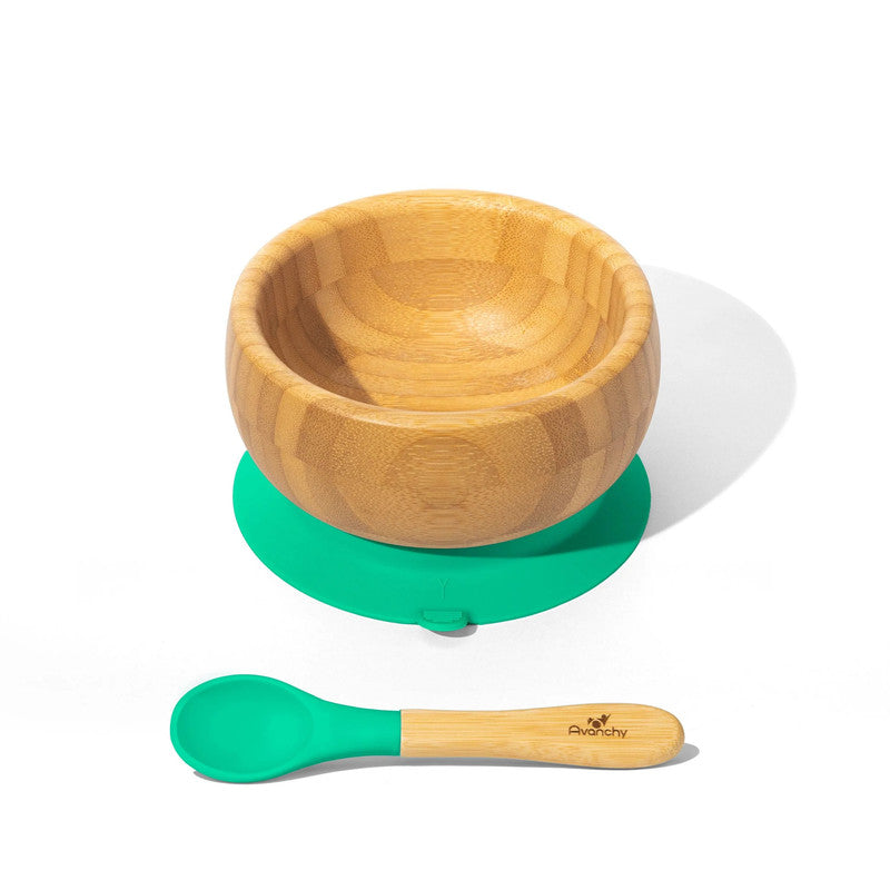 Avanchy Baby Bamboo Stay Put Suction Bowl With Spoon - Green - Laadlee