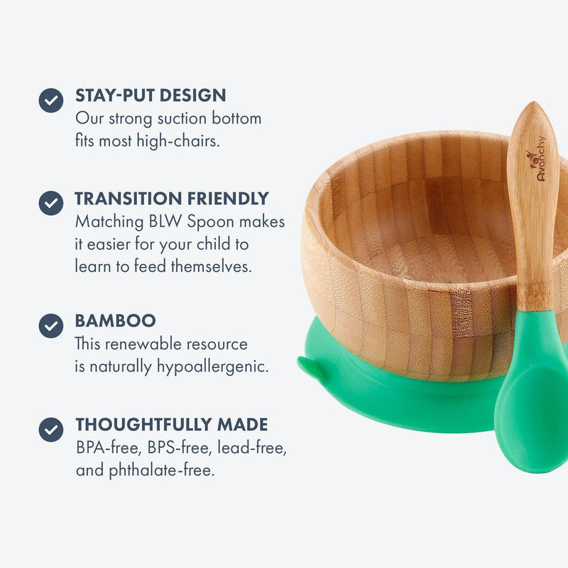 Avanchy Baby Bamboo Stay Put Suction Bowl With Spoon - Green - Laadlee