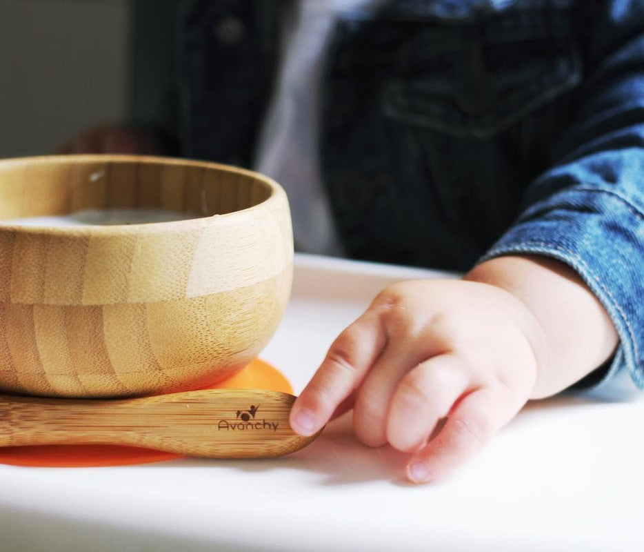 Avanchy Baby Bamboo Stay Put Suction Bowl With Spoon - Orange