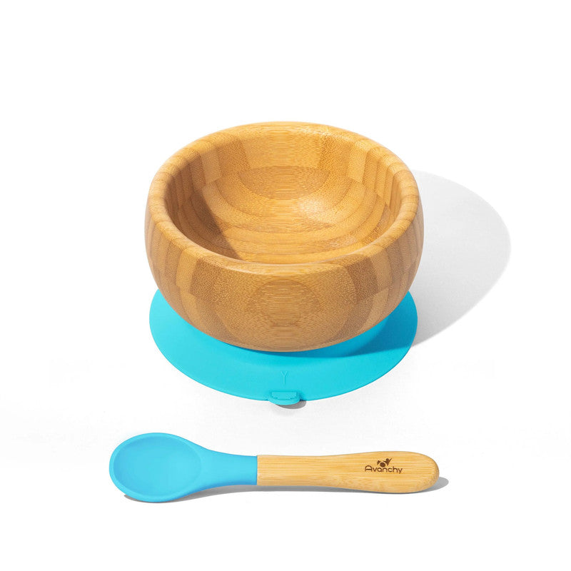 Avanchy Baby Bamboo Stay Put Suction Bowl With Spoon - Blue - Laadlee