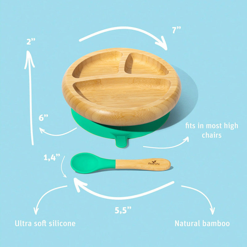 Avanchy Bamboo Suction Classic Plate With Spoon - Green - Laadlee