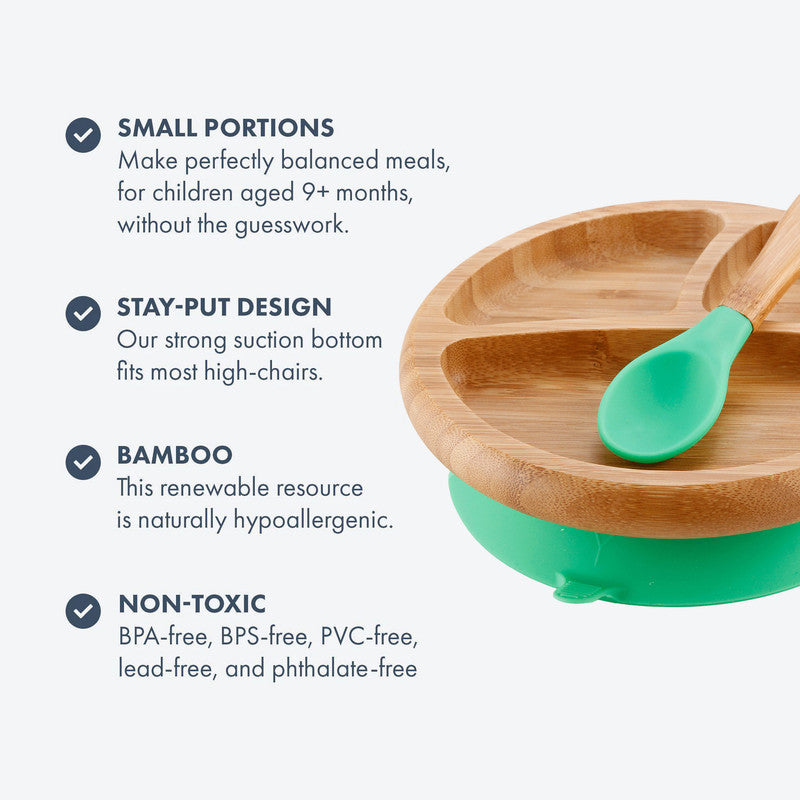 Avanchy Bamboo Suction Classic Plate With Spoon - Green - Laadlee