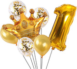 Brain Giggles 7Pcs First Birthday Balloons Set – Number 1 Balloon, Crown Balloon, and Latex Balloons
