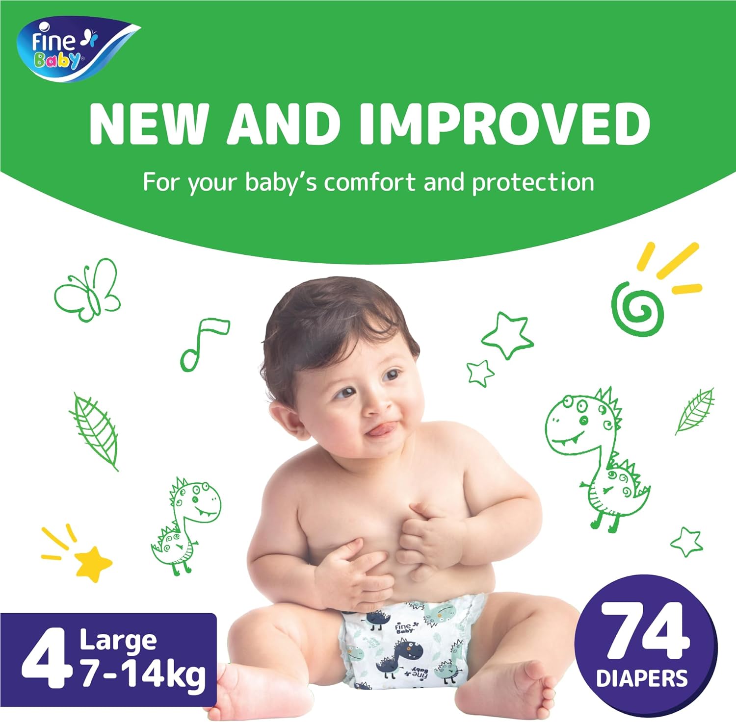 Fine Baby Diapers - Size 4 | Large | 7-14kg | 74pcs - Laadlee