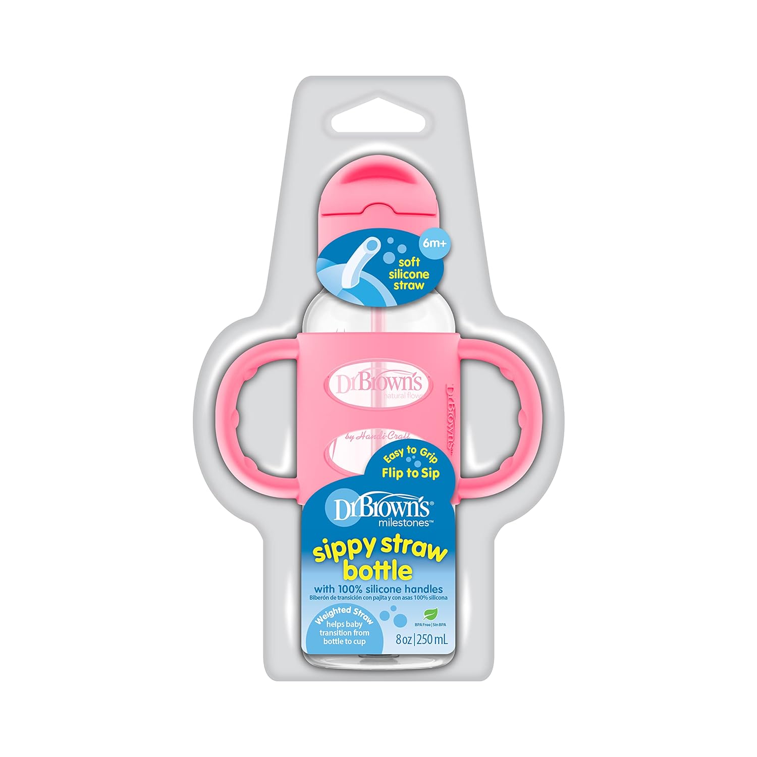 Dr. Brown's Narrow Sippy Straw Bottle with Silicone Handles - Pink - 250ml - Laadlee