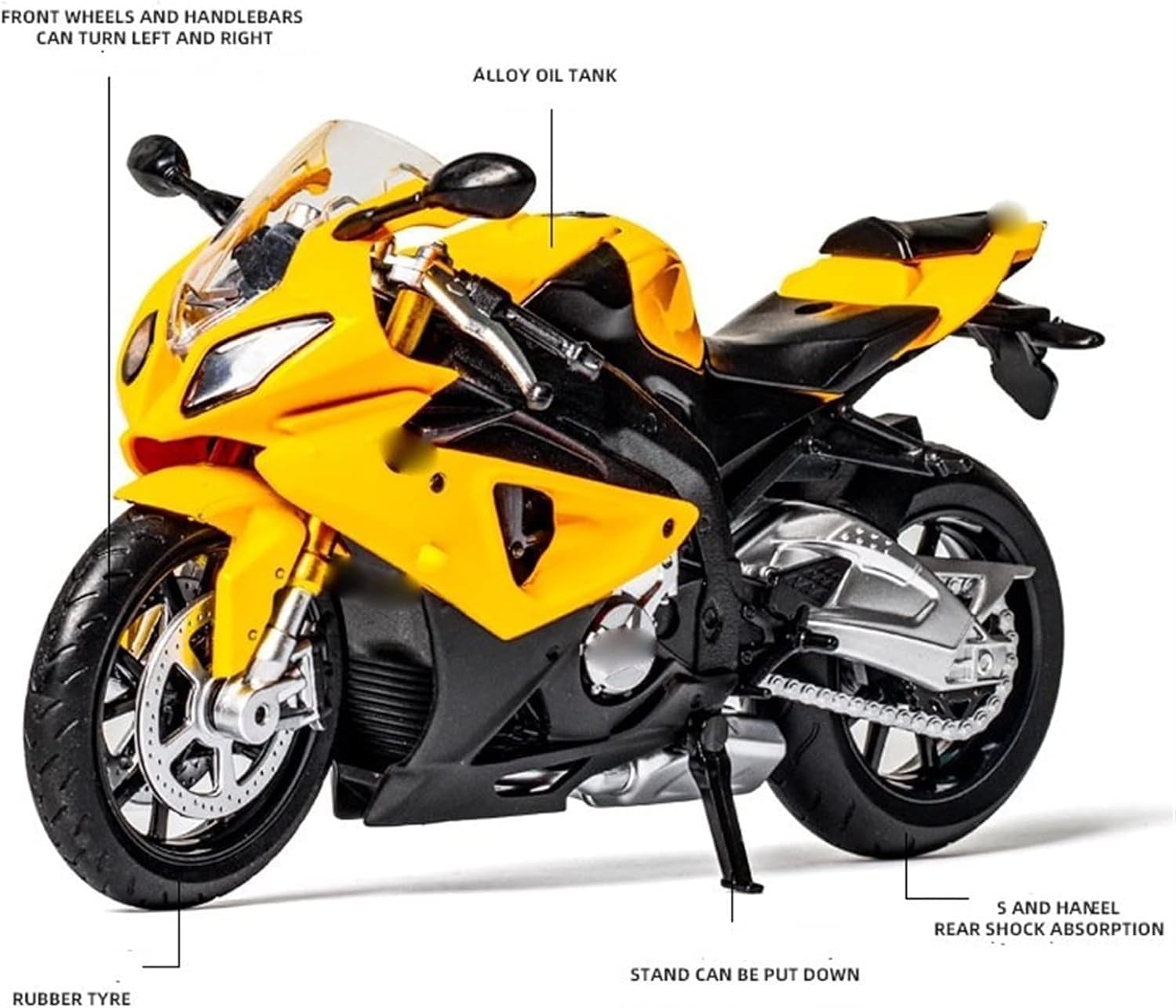 MSZ BMW S1000RR Bike 1:12 Die-Cast Replica - Yellow - Laadlee