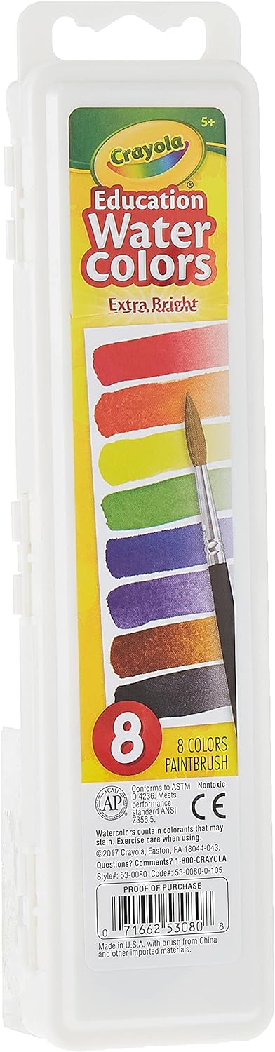 Crayola Semi-moist Oval Watercolor Pans with 1 Taklon Brush - Pack of 8 - Laadlee